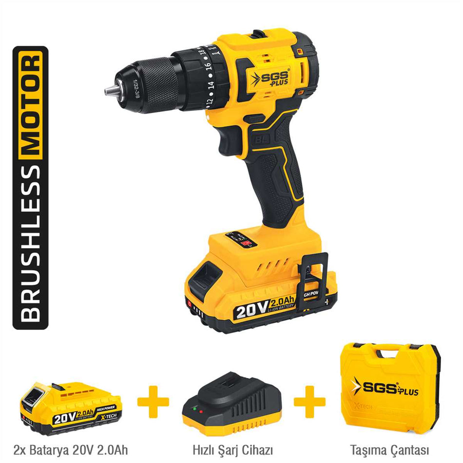 Mașină de găurit și înșurubat cu percuție, cu acumulator, 20V, brushless, 60 Nm, mandrină metalică Auto-Lock, set complet, SGS
