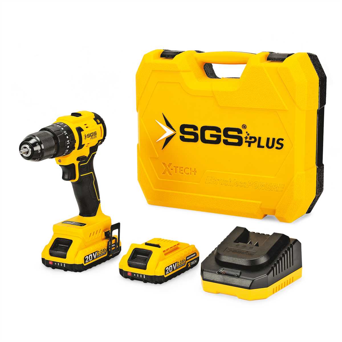 Mașină de găurit și înșurubat cu percuție, cu acumulator, 20V, brushless, 60 Nm, mandrină metalică Auto-Lock, set complet, SGS
