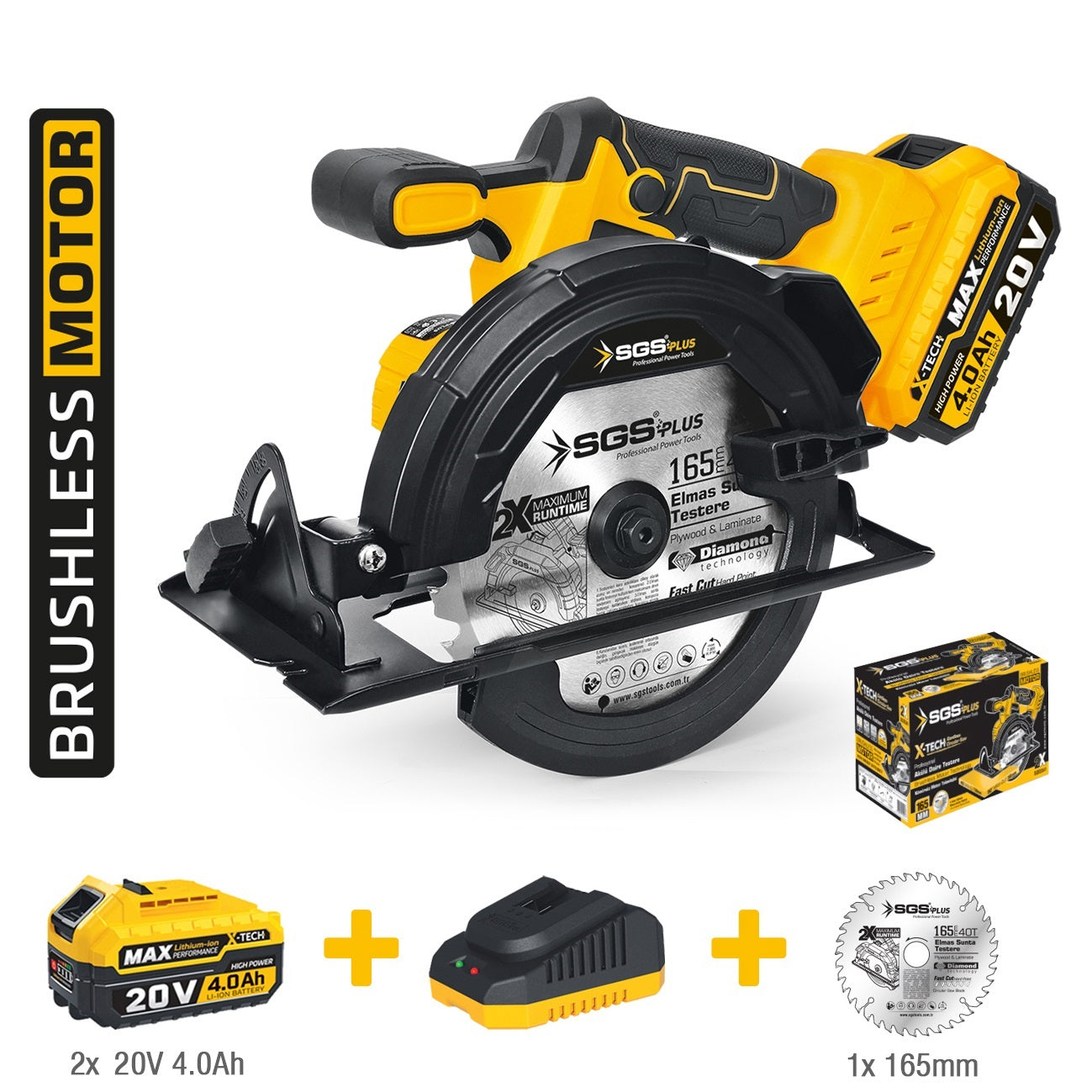 Mașină / Circular de tăiat lemn cu acumulator, 20V 4.0Ah, brushless, disc 165 mm, set complet, SGS