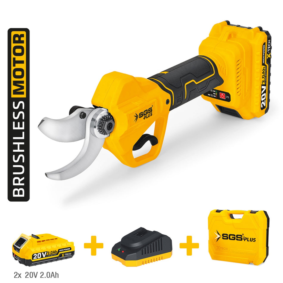Foarfecă electrică pentru tăiere crengi cu acumulator SGS PLUS 20V, motor brushless, 2 baterii 2.0Ah, lamă SK-5, valiză – SGS5555