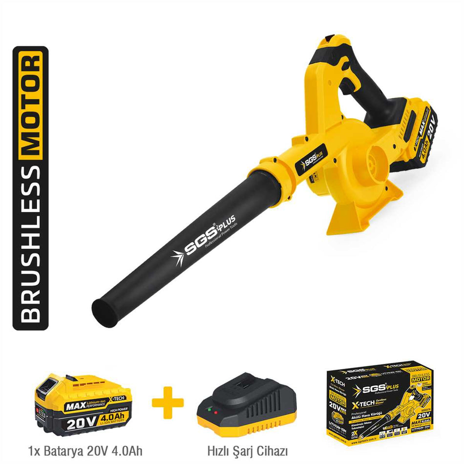 Suflantă frunze cu acumulator SGS PLUS 20V 4.0Ah, motor brushless, 90 km/h, funcție 2 în 1, set complet – SGS5570