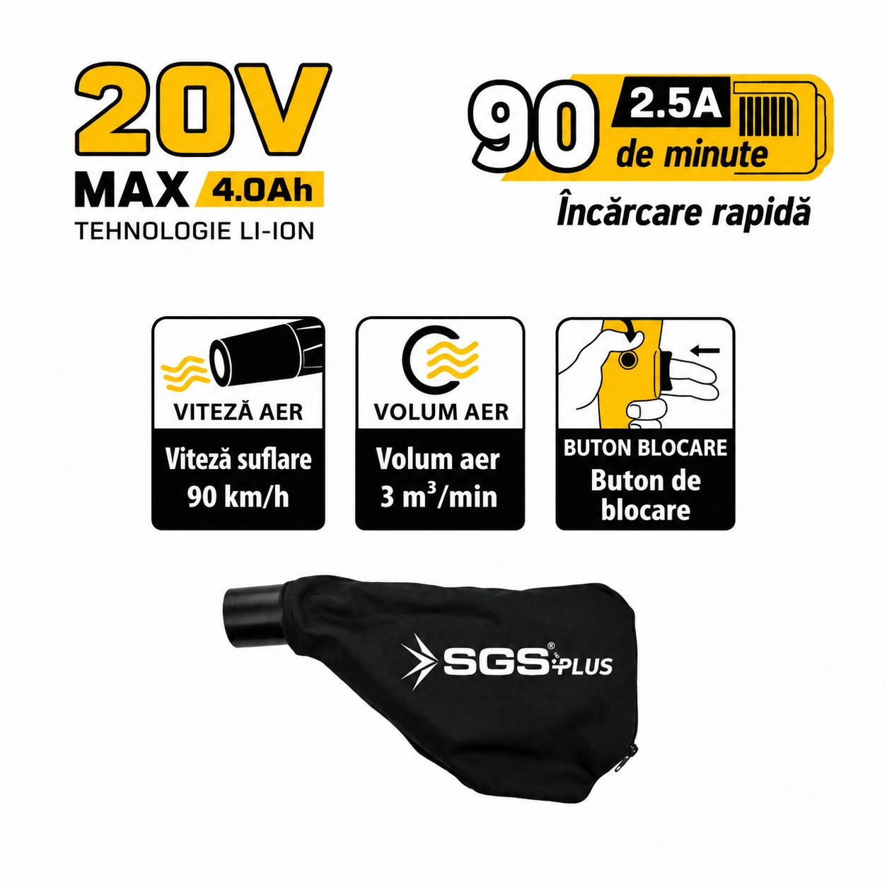 Suflantă frunze cu acumulator SGS PLUS 20V 4.0Ah, motor brushless, 90 km/h, funcție 2 în 1, set complet – SGS5570