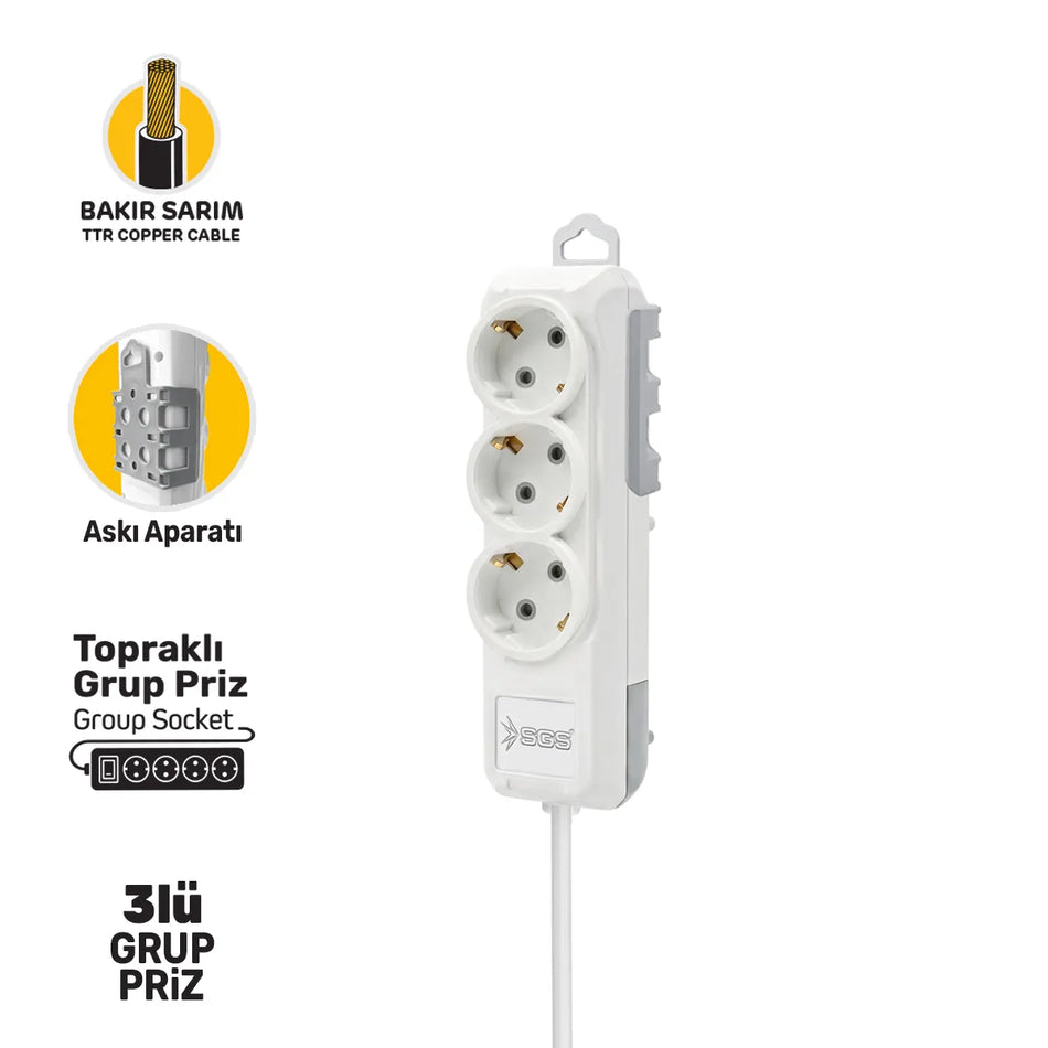 Prelungitor cu 3 prize, 5 m, 3500 W, SGS