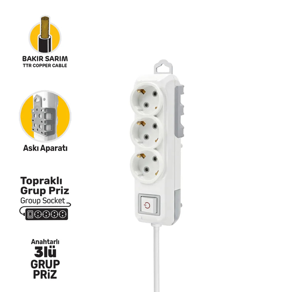 Prelungitor cu 3 prize și întrerupător, 5 m, 3500 W, SGS