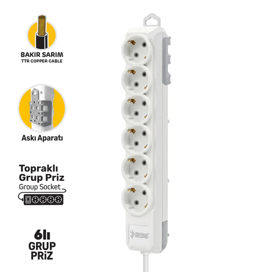 Prelungitor cu 6 prize, 3 m, 3500 W, SGS
