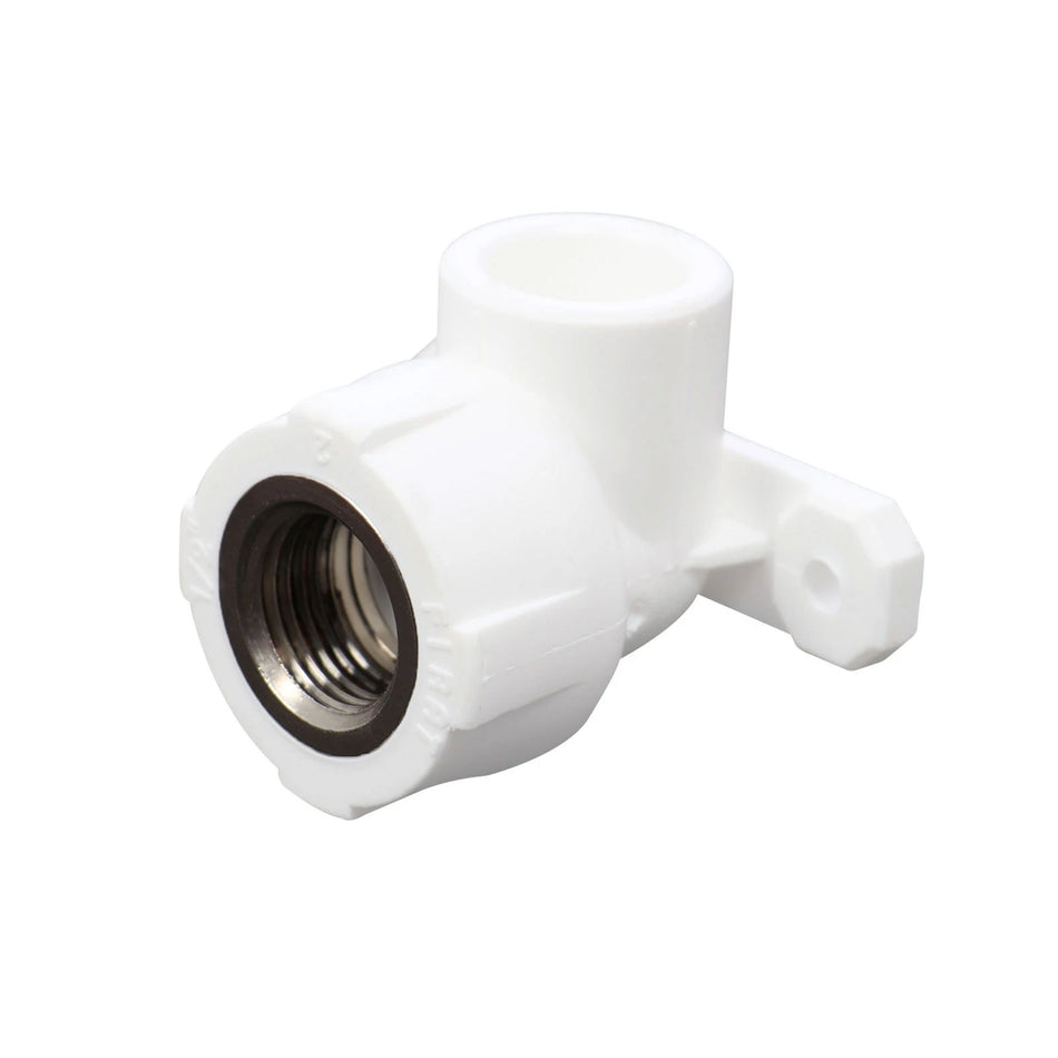 Cot PPR 90° cu talpă și filet interior, D 20 mm x 1/2", alb