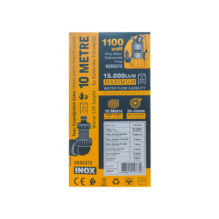 Pompă submersibilă apă murdară SGS PLUS HI-TECH 1100W INOX, debit 15.000 l/h, înălțime refulare 10 m, cablu 10 m
