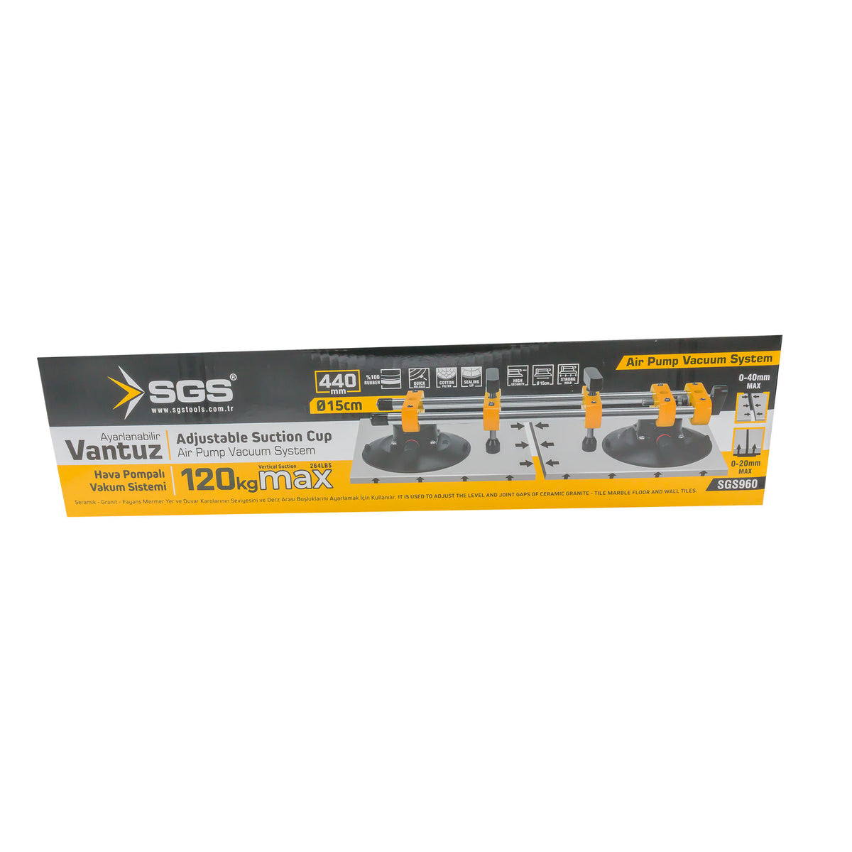 Sistem de nivelare cu ventuze reglabile SGS, bară dublă 440 mm, vacuum cu pompă, capacitate 120 kg