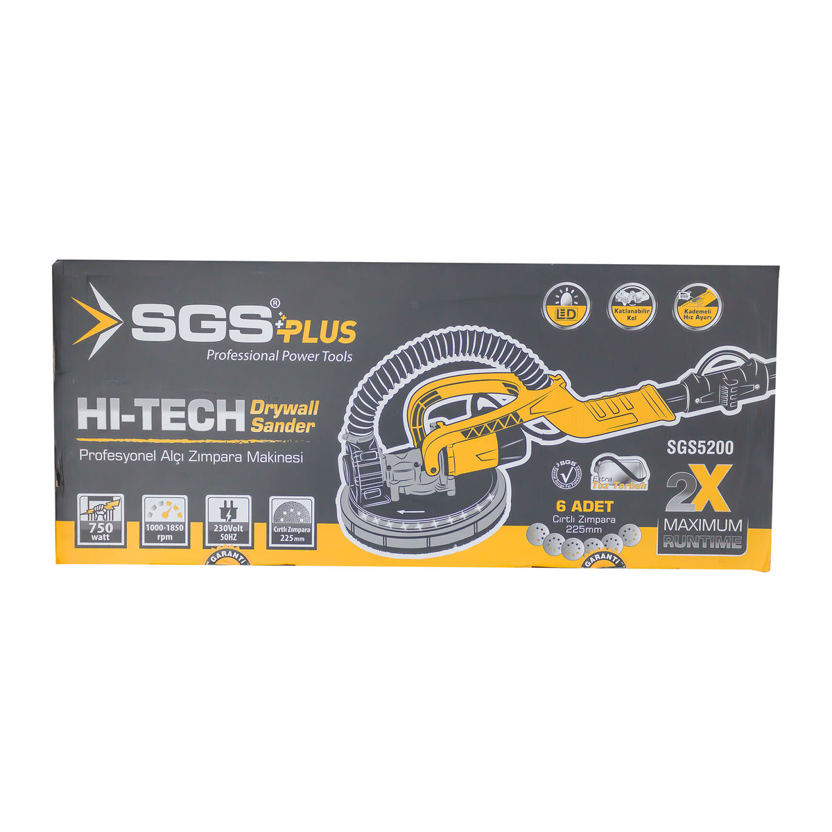 Mașină de Șlefuit Glet SGS PLUS SGS5200, 750W, Disc 225mm, 1000–1850 RPM, Sistem Aspirare Praf, Set 6 Discuri Inclus