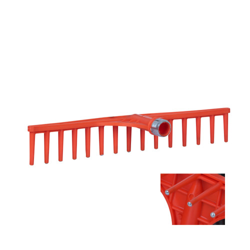 Greblă plastic portocalie 15 dinți vârfuri metal, diametru coadă Ø30 mm – BKI222