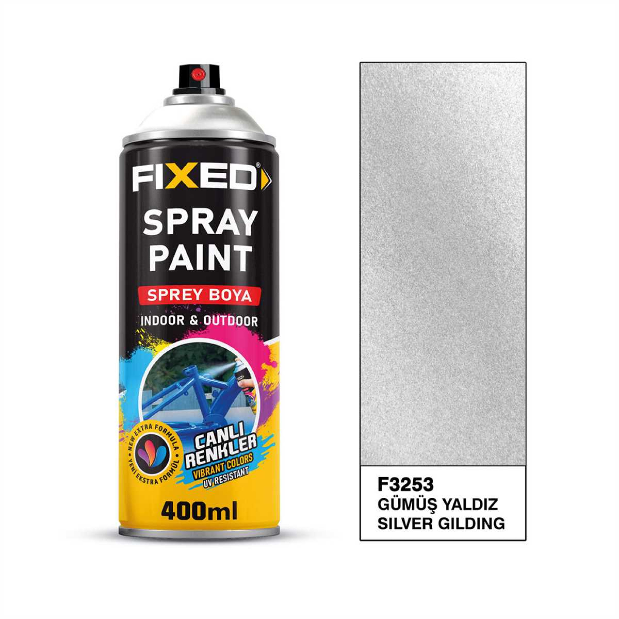 Vopsea spray FIXED, 400 ml, argintiu sidefat, pentru interior și exterior, rezistentă UV