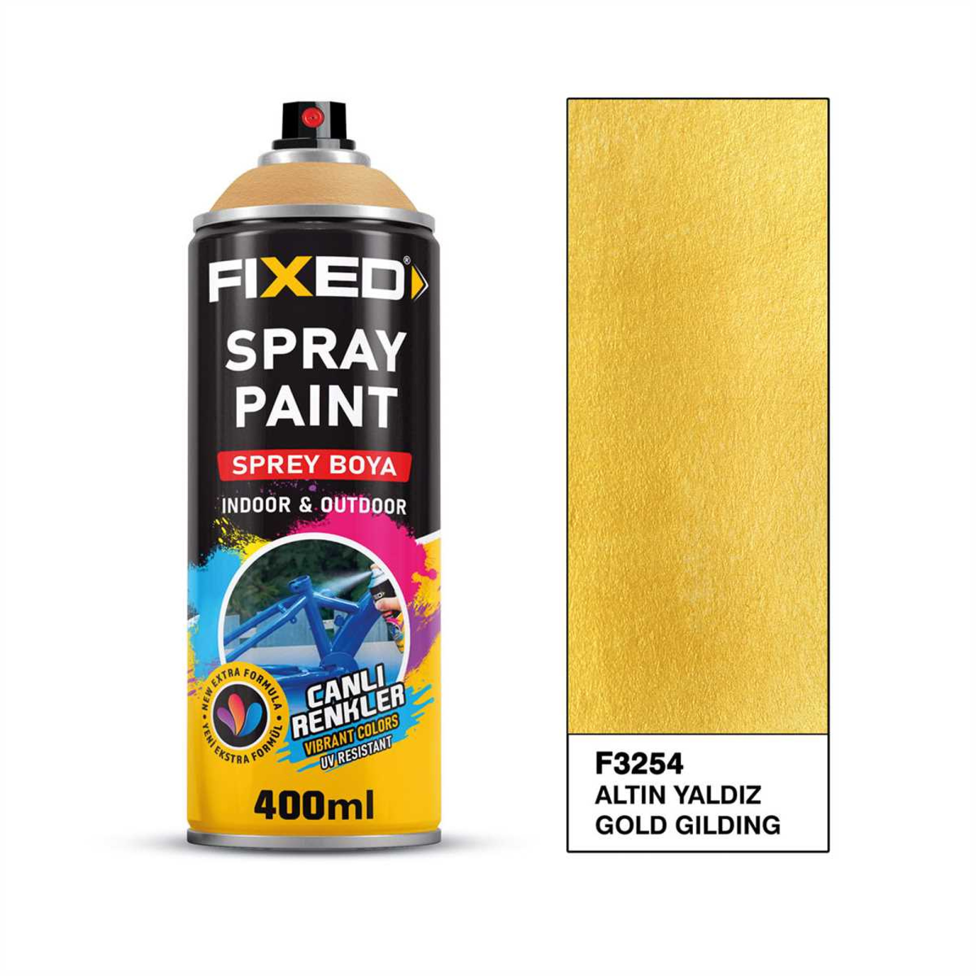 Vopsea spray FIXED, 400 ml, auriu metalizat, pentru interior și exterior, rezistentă UV