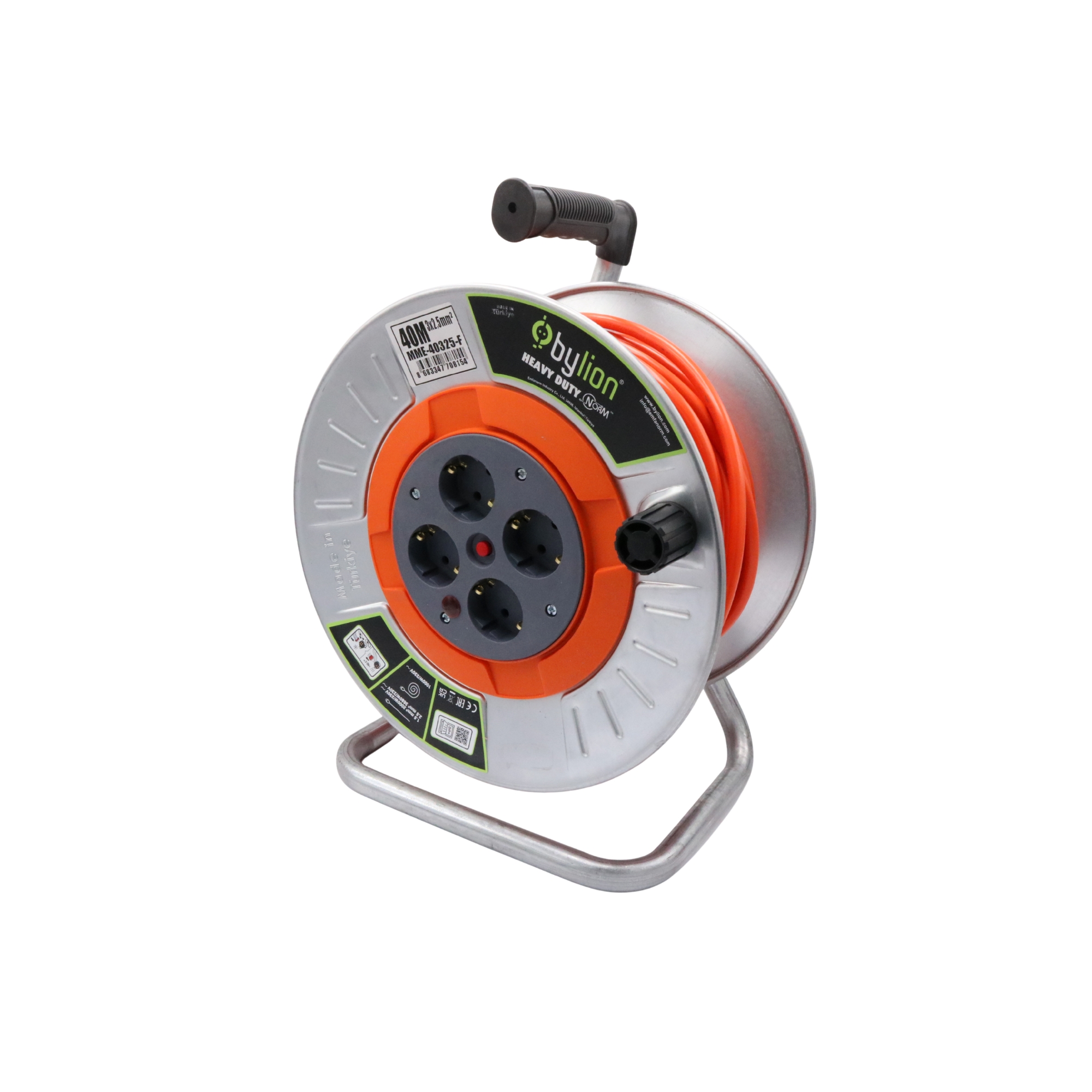 Prelungitor Rolă Metal 3 x 2,5 mm 40 m, 4 Prize IP20, Bylion – MME-40325-F