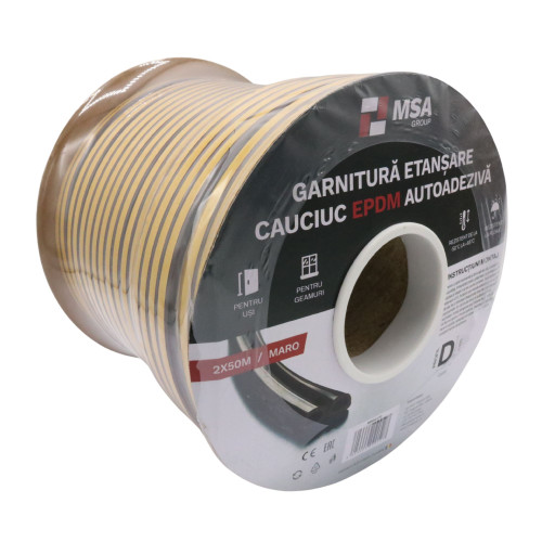Garnitură etanșare cauciuc EPDM autodezivă, profil D (9 x 6 mm), maro, 100 m