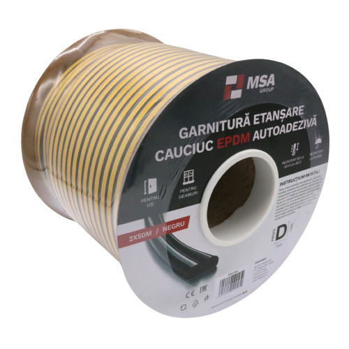 Garnitură etanșare cauciuc EPDM autodezivă, profil D (9 x 6 mm), negru, 100 m