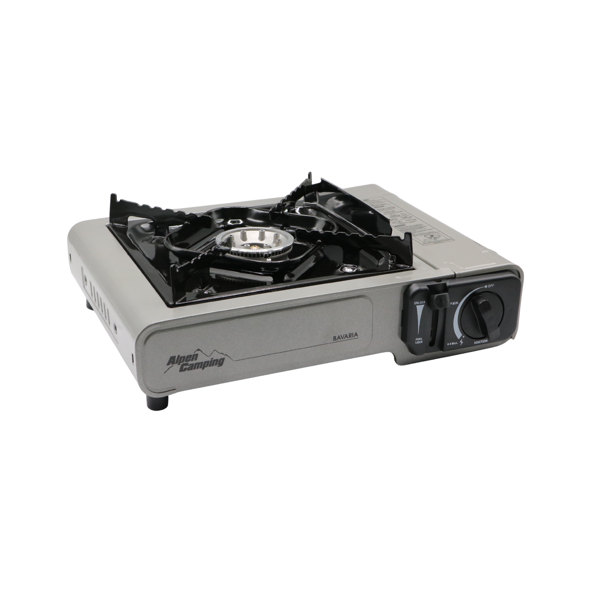 Aragaz portabil cu 1 ochi Alpen Camping Bavaria IK001, 2.2 kW, alimentare butan, aprindere piezo, valiză transport inclusă, 34 x 28 cm