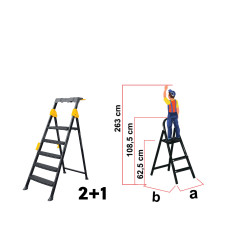 Scară metalică Pro Step, 2+1 trepte, trepte late, platformă de lucru, 150kg