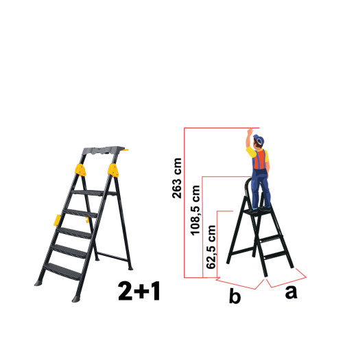 Scară metalică Pro Step, 2+1 trepte, trepte late, platformă de lucru, 150kg