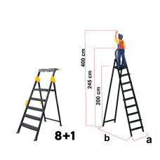 Scară metalică Pro Step, 8+1 trepte, trepte late, platformă de lucru, 150kg