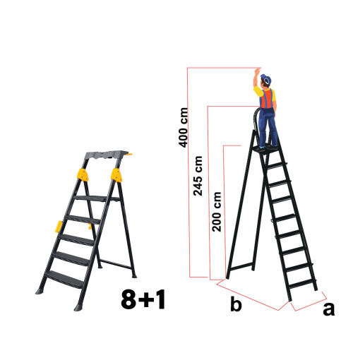 Scară metalică Pro Step, 8+1 trepte, trepte late, platformă de lucru, 150kg