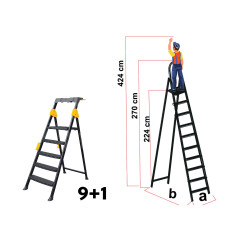 Scară metalică Pro Step, 9+1 trepte, înălțime de lucru 424cm, structură profesională
