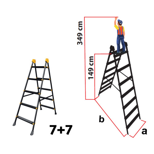 Scară metalică Double Step, 7+7 trepte, profesională, structură dublă, 150kg