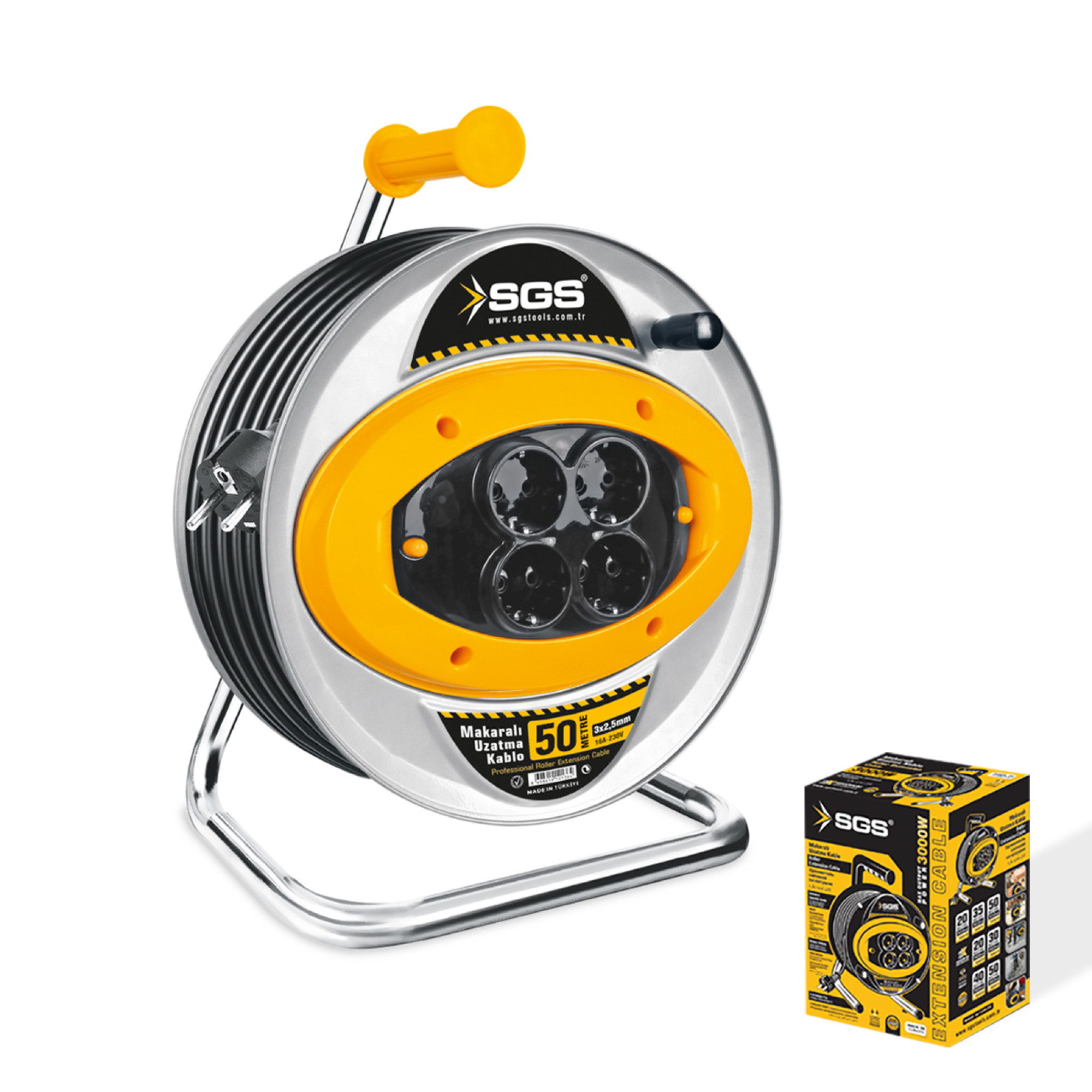 Prelungitor cu tambur metalic 4 prize, 3 x 2,5 mm, 50 m, 250 V, IP44