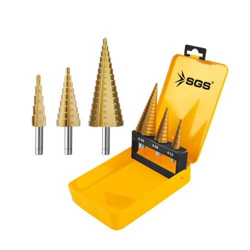 Set Burghie Conice HSS 3 Piese, Titanium, Ø4–32 mm, Multi-Material (Metal, Inox, Epoxid), Heavy Duty, Cutie Profesională, SGS