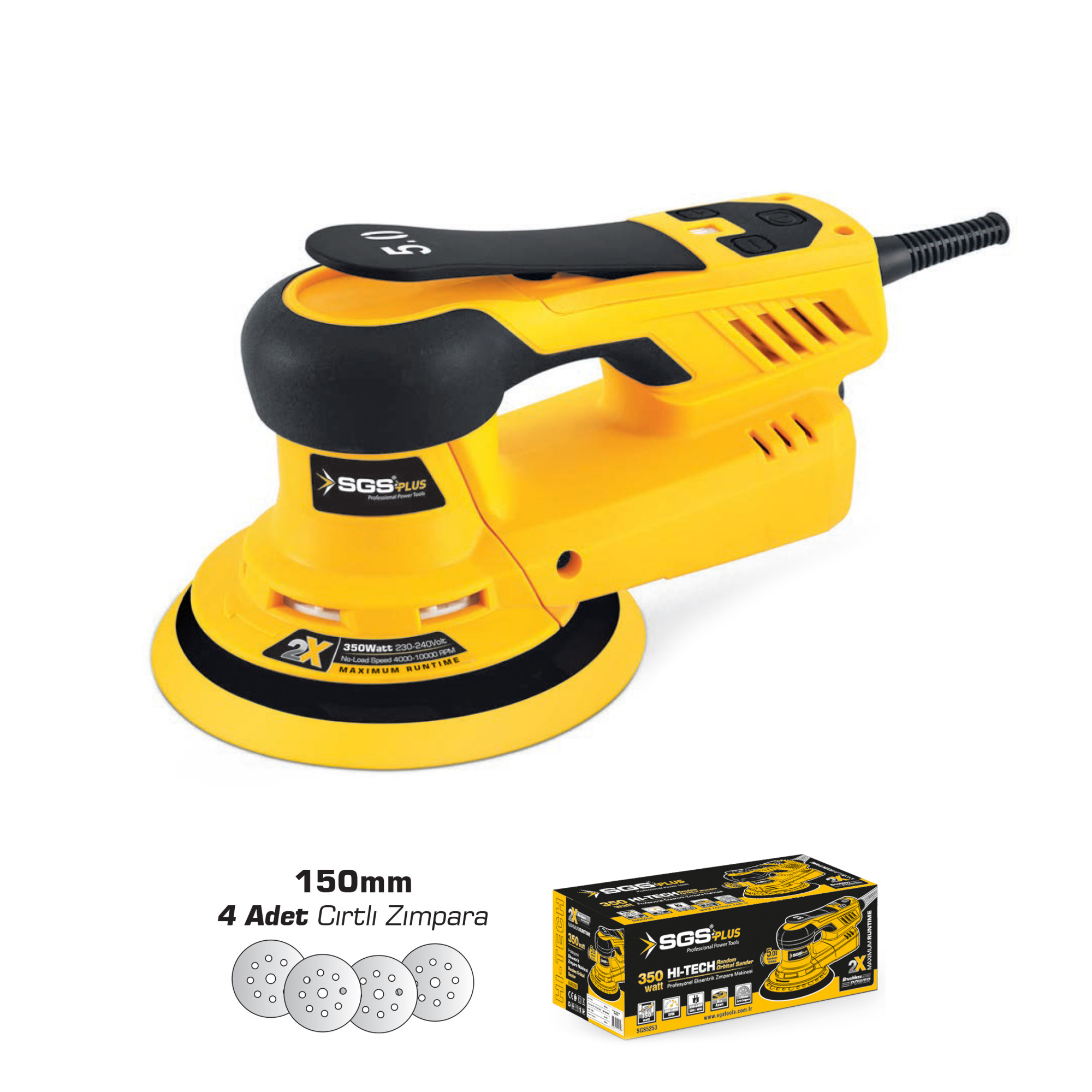 Mașină de Șlefuit Excentrică SGS PLUS SGS5253 – 350W, 150 mm, Orbitală 5 mm, Brushless Motor, 4 Discuri Incluse