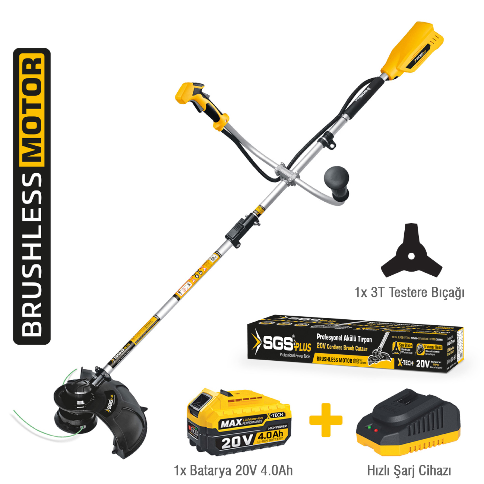 Motocoasă electrică (trimmer) pe acumulator SGS PLUS X-TECH 20V, motor brushless, viteză variabilă, baterie Li-Ion 4.0Ah, set complet