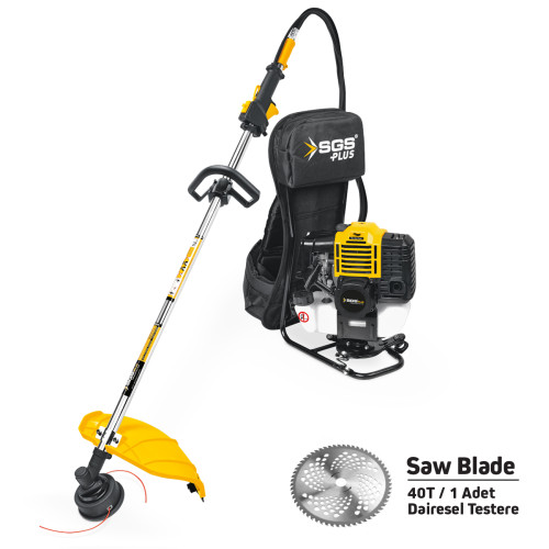 Motocoasă pe benzină cu rucsac SGS PLUS 52cc, motor 2 timpi, putere 1.6 kW, disc metalic 40T + tambur, set complet