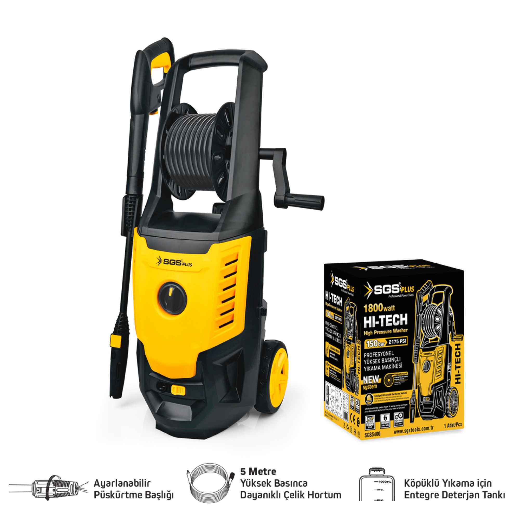 Pistol de Spălat cu Presiune 1800W, 150 Bar, 6 l/min, Furtun Oțel 5m, Rezervor Detergent