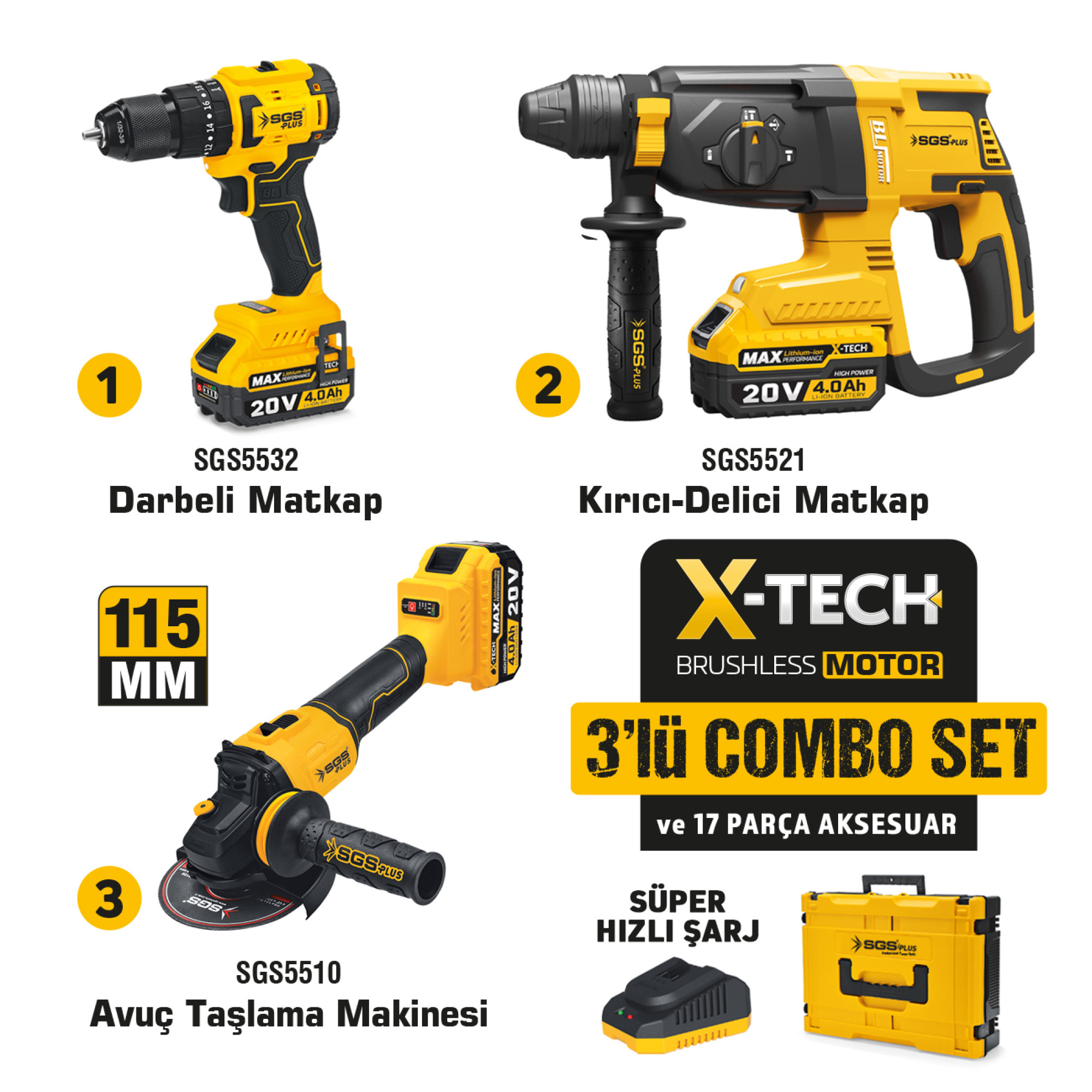 Set profesional de 3 scule electrice – 20V MAX 4.0Ah Brushless: Mașină de găurit, ciocan rotopercutor și polizor unghiular