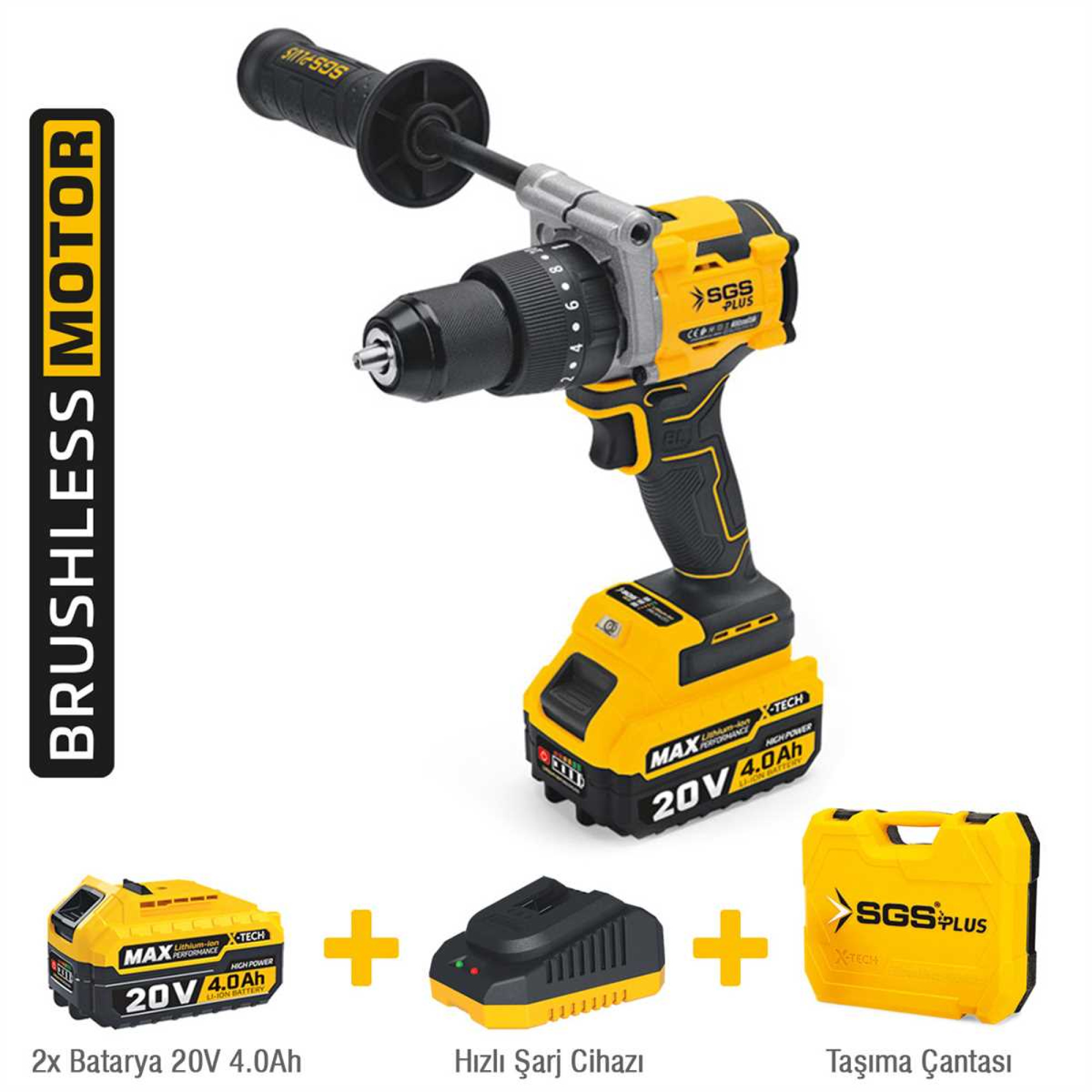 Mașină de găurit și înșurubat cu percuție SGS 20V, Brushless, 130 Nm, 2×4.0Ah Li-Ion – Set profesional
