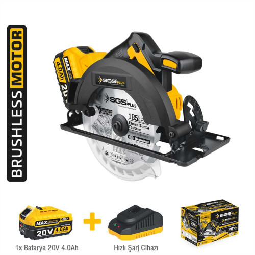Mașină / Circular de tăiat lemn cu acumulator, 20V 4.0Ah, brushless, disc 185 mm, set complet, SGS