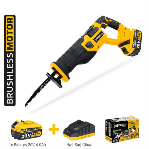 Fierăstrău electric tip sabie cu acumulator SGS PLUS 20V, motor brushless, 1 baterie 4.0Ah, schimb rapid pânză, set pânze inclus – SGS5565